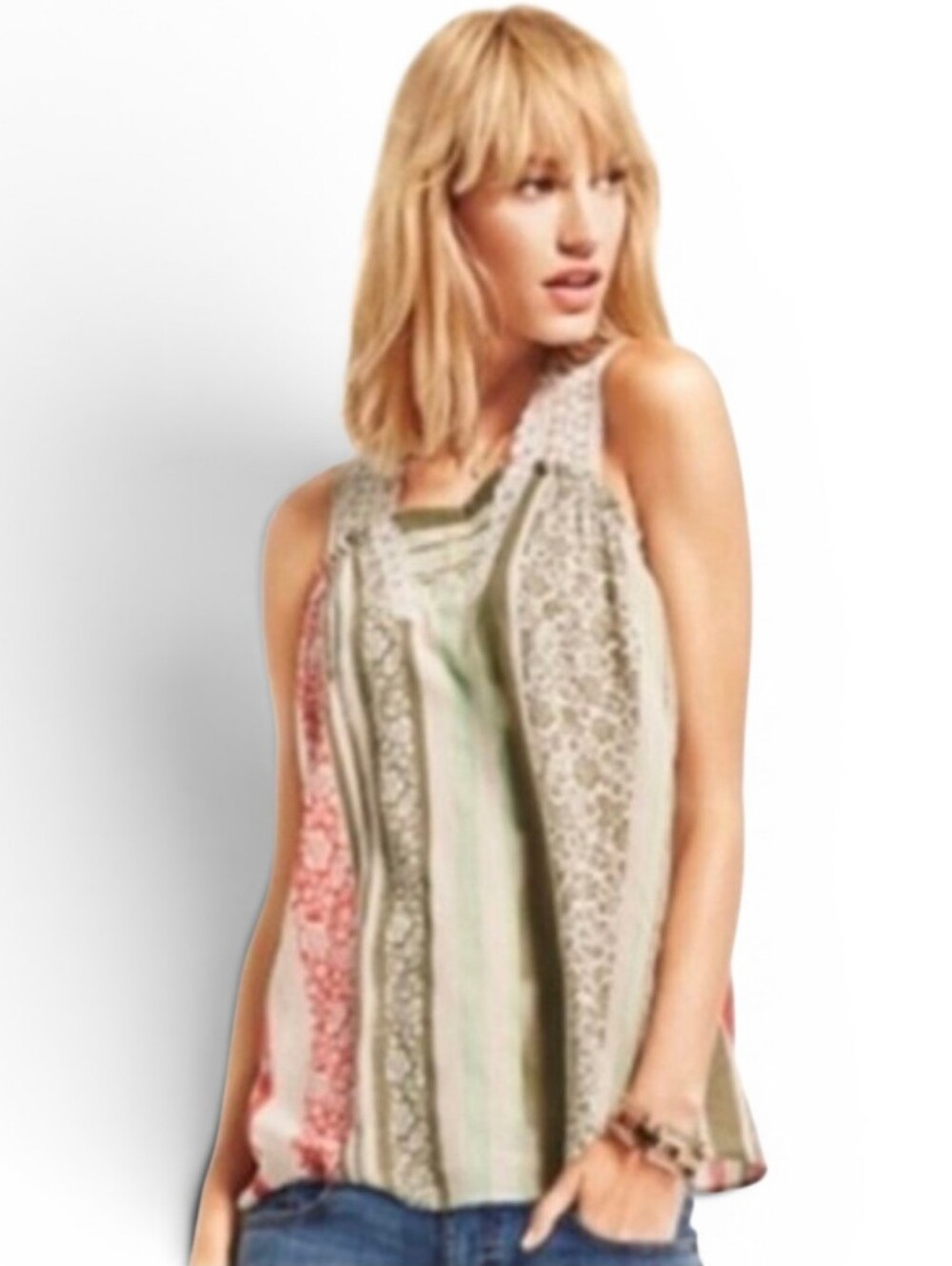 CABI 266 Whisper Striped Crochet Detail Gauze Tank - Medium